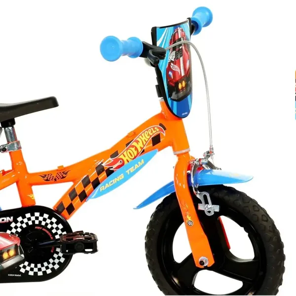 Rower dziecięcy Hot Wheels 12” z uchwytem na bidon i bocznymi kółkami, w kolorze pomarańczowo-czarnym – rower Dino Bikes zdjęcie 3