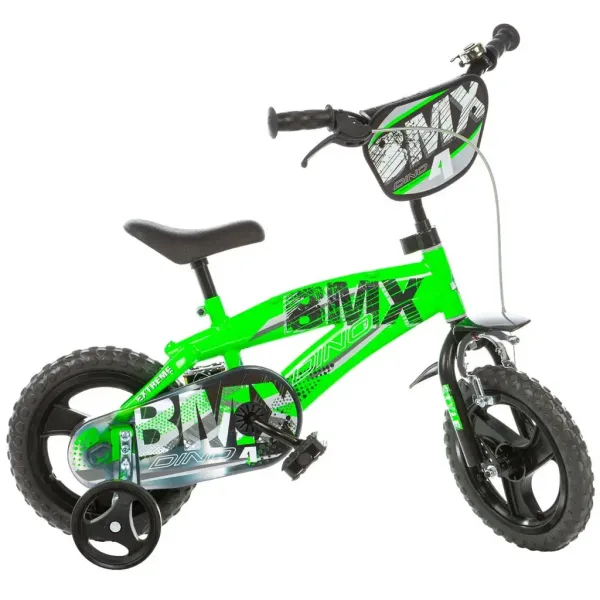 Rowerek dziecięcy BMX 12” z bocznymi kółkami w kolorze zielono-czarnym – rower Dino Bikes zdjęcie 1