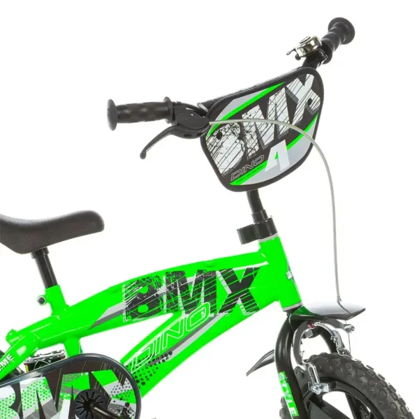 Rowerek dziecięcy BMX 12” z bocznymi kółkami w kolorze zielono-czarnym – rower Dino Bikes zdjęcie 3