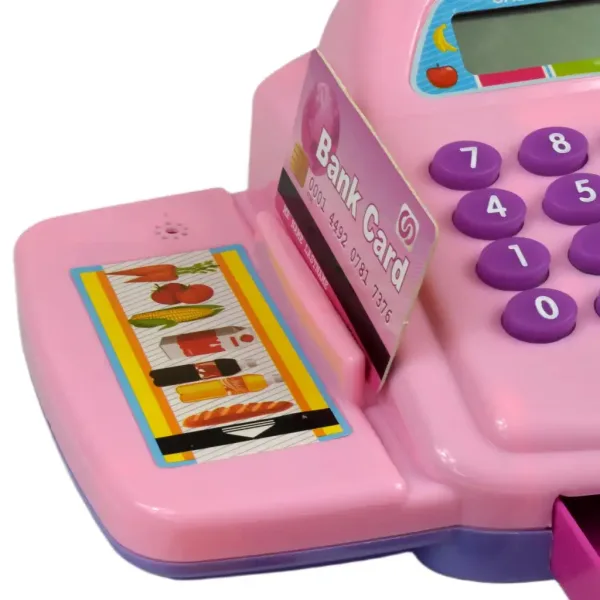 Różowa elektroniczna kasa fiskalna ze światłem i dźwiękiem, z zabawkowymi pieniędzmi 25x14 cm zdjęcie 2