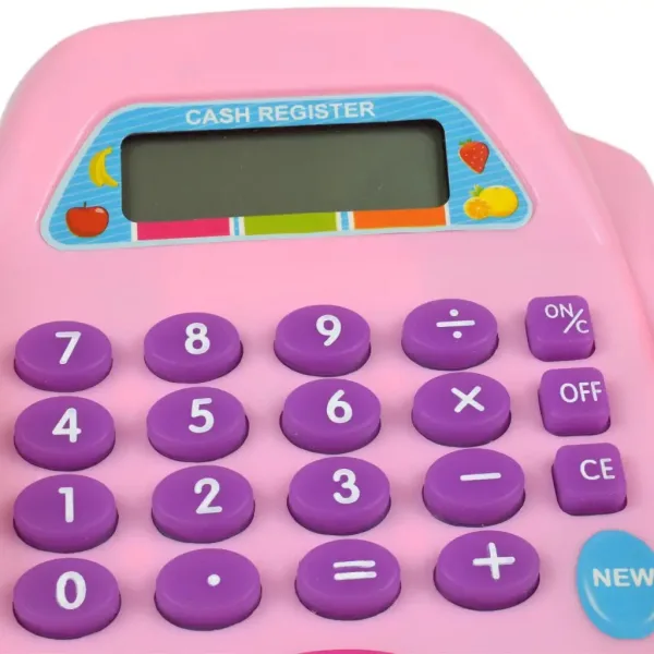 Różowa elektroniczna kasa fiskalna ze światłem i dźwiękiem, z zabawkowymi pieniędzmi 25x14 cm zdjęcie 3