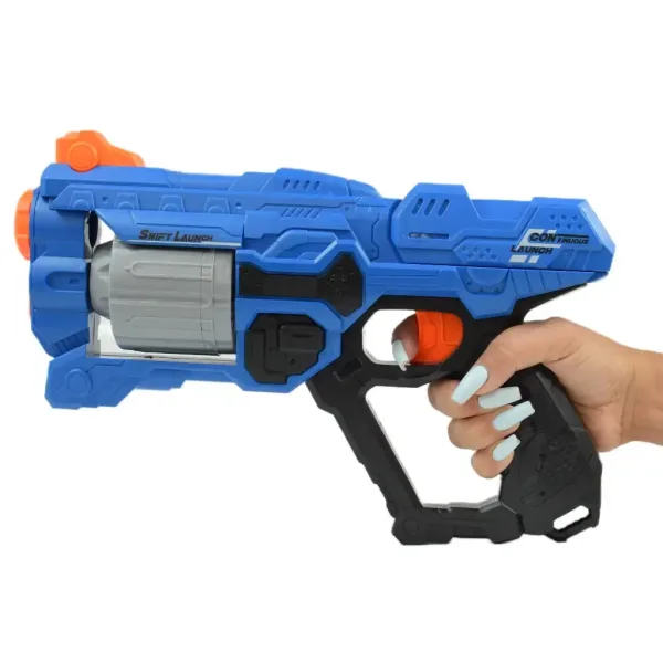 Swift Launcher: Ręczna wyrzutnia piankowych pocisków z obrotowym bębnem, z nabojami i tarczą, 32 cm zdjęcie 6
