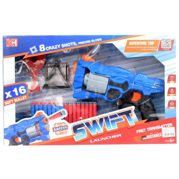 Swift Launcher: Ręczna wyrzutnia piankowych pocisków z obrotowym bębnem, z nabojami i tarczą, 32 cm zdjęcie 8