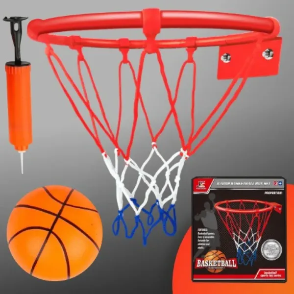 Zestaw metalowy obręcz do koszykówki z kolorową siatką, piłką i pompką 24 cm zdjęcie 1