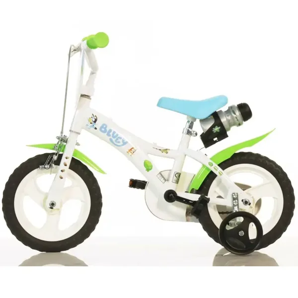 Bluey 12” dziecięcy rower z uchwytem na bidon i bocznymi kółkami w kolorze białym-niebieskim-zielonym – Dino Bikes rower zdjęcie 2