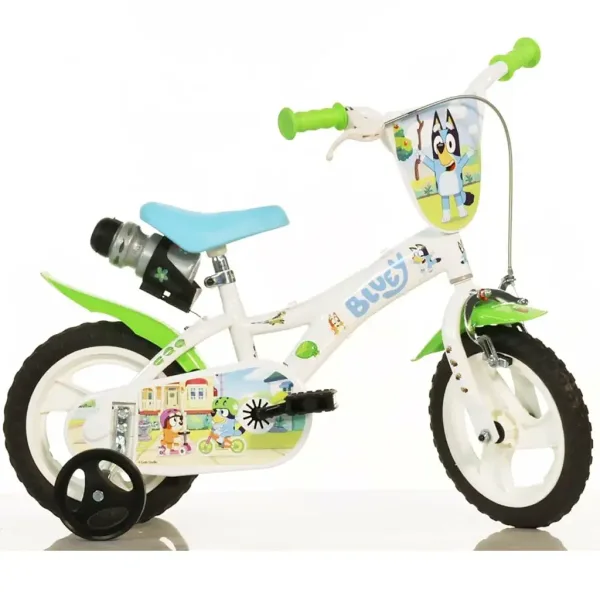 Bluey 12” dziecięcy rower z uchwytem na bidon i bocznymi kółkami w kolorze białym-niebieskim-zielonym – Dino Bikes rower zdjęcie 1