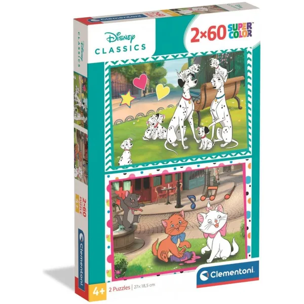Disney Klasyki 101 dalmatyńczyków i Aryskotraci – puzzle Supercolor 2 × 60 elementów - Clementoni