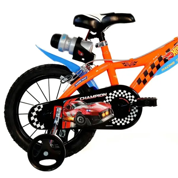 Hot Wheels 16” rower dziecięcy z uchwytem na bidon i bocznymi kółkami w kolorze pomarańczowo-czarnym – Dino Bikes rower zdjęcie 2
