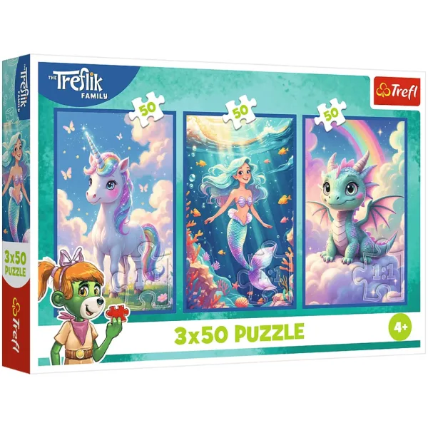 Kolorowy świat bajek – puzzle 3 x 50 sztuk z jednorożcem, syrenką i smokiem – Trefl zdjęcie 1