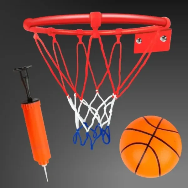 Zestaw metalowy obręcz do koszykówki z kolorową siatką, piłką i pompką, 22 cm zdjęcie 1