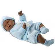 Afroamerykańska lalka niemowlę w niebieskim ubranku, 45 cm.