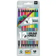 Ars Una: 12/24-sztukowy neonowo-metaliczny dwukolorowy, trójkątny zestaw kredek, z temperówką