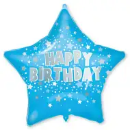 Balon foliowy na urodziny – Niebieski z gwiazdkami i napisem „Happy Birthday” 46 cm