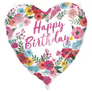 Balon foliowy na urodziny – napis „Happy Birthday”, w kształcie serca, z kwiatowym wzorem, 46 cm