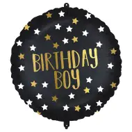 Balon foliowy na urodziny – napis "Birthday Boy", czarno-złote gwiazdki, 46 cm.