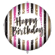 Balon foliowy na urodziny – z napisem „Happy Birthday”, w złoto-czarno-różowe paski, 46 cm