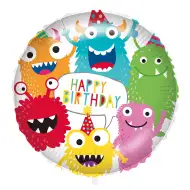 Balon foliowy na urodziny – z napisem „Happy Birthday”, z kolorowym wzorem potworków, 46 cm
