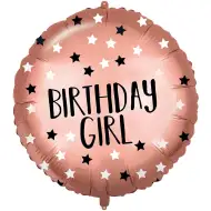 Balon foliowy na urodziny – z napisem "Birthday Girl", różowozłoty z gwiazdkami, 46 cm