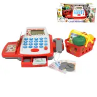 Biało-czerwona elektroniczna kasa fiskalna z dźwiękiem, produktami i zabawkowymi pieniędzmi 25x10x14cm
