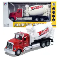 Ciężarówka Heavy Duty: Model metalowej betoniarki z otwieranymi drzwiami i obrotowym bębnem w skali 1/36.