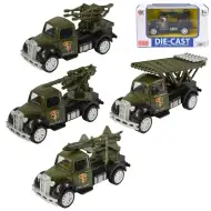 Die-Cast: Wojskowy samochodzik w kilku wariantach, napędzany mechanizmem śrubowym, skala 1:55