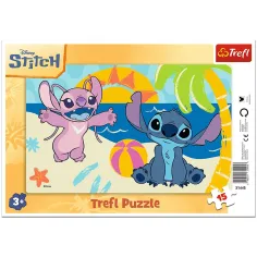 Disney Stitch plażowa przygoda 15-elementowe puzzle z ramką - Trefl