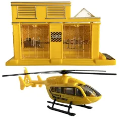 Duży plac budowy z pojazdami, budynkiem i helikopterem, zestaw 9-elementowy. zdjęcie 2