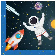 Dwuwarstwowe serwetki papierowe "Kosmiczna Przygoda" z wzorem gwiazd i planet, opakowanie 20 sztuk.