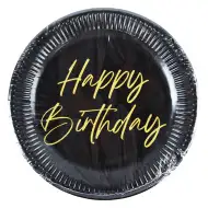 Elegancki czarno-złoty papierowy talerz z napisem „Happy Birthday” – zestaw 8 sztuk, 23 cm