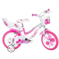 Flappy 14” rower dziecięcy z koszykiem i fotelikiem dla lalek w kolorze różowo-białym – rower Dino Bikes