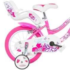 Flappy 16” rower dziecięcy z koszykiem i siedziskiem dla lalki w kolorze różowo-białym – rower Dino Bikes zdjęcie 4