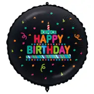 Foliowy balon urodzinowy – z napisem „Happy Birthday”, z tortem i konfetti, na czarnym tle, 46 cm.