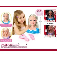 Głowa lalki do czesania z długimi blond włosami w dwóch różnych strojach z akcesoriami. zdjęcie 2