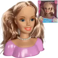 Głowa lalki do czesania z długimi blond włosami, wałkami do włosów i akcesoriami.
