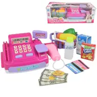 Happy Shopping: Różowa kasa fiskalna z dźwiękiem, produktami i zabawkowymi pieniędzmi, 27 cm