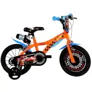 Hot Wheels rower dziecięcy 16" z uchwytem na bidon i bocznymi kółkami w pomarańczowo-czarnym kolorze – rower Dino Bikes
