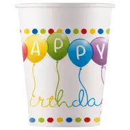 Kolorowe papierowe kubeczki urodzinowe z napisem "Happy Birthday" z balonami, 200 ml, zestaw 8 sztuk