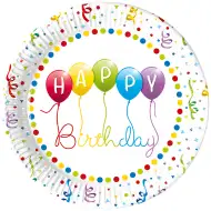 Kolorowe talerzyki papierowe z napisem „Happy Birthday” - zestaw 8 sztuk.