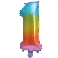 Liczne balony foliowe metaliczne w kolorach tęczy – cyfra 1, 34 cm