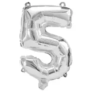 Liczne balony foliowe w kolorze srebrnym – cyfra 5, 32 cm.