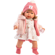 Llorens: Carla, 42 cm płacząca lalka z smoczkiem i czapeczką w serduszka.