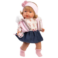 Llorens: Carla, 42 cm płacząca lalka z smoczkiem w niebieskiej spódniczce