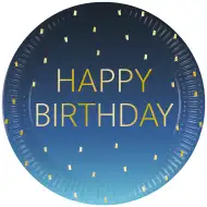 Niebieskie talerzyki papierowe z napisem "Happy Birthday", zestaw 8 sztuk, 23 cm.