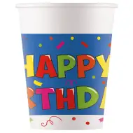 Niebiesko-białe papierowe kubki z napisem "Happy Birthday", zestaw 8 sztuk, 200 ml
