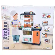 Niebiesko-biały zestaw kuchenny do zabawy z jedzeniem zmieniającym kolor, kranem z bieżącą wodą i akcesoriami.