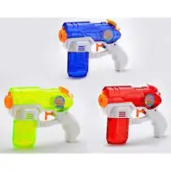 Przezroczysty pistolet wodny z pojemnikiem w różnych kolorach.
