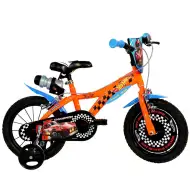 Rower dziecięcy Hot Wheels 14” z uchwytem na bidon i bocznymi kółkami w kolorze pomarańczowo-czarnym – rower Dino Bikes