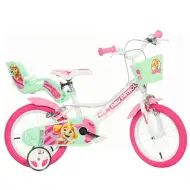 Rower dziecięcy Mancs Patrol Skye 14” z koszykiem i fotelikiem dla lalek w kolorze różowo-miętowo-zielonym – Dino Bikes.