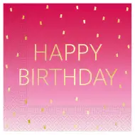 Różowa dwuwarstwowa serwetka papierowa z napisem „Happy Birthday”, opakowanie 20 sztuk.
