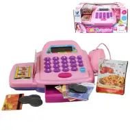 Różowa elektroniczna kasa fiskalna ze światłem i dźwiękiem, z zabawkowymi pieniędzmi 25x14 cm